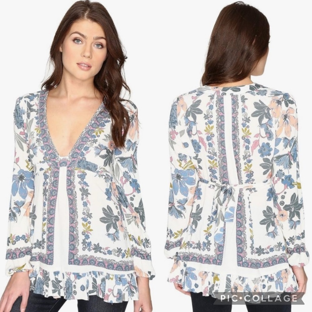 Free People Cream Floral Mini Dress or Blouse w/Ties - Picture 2 of 11